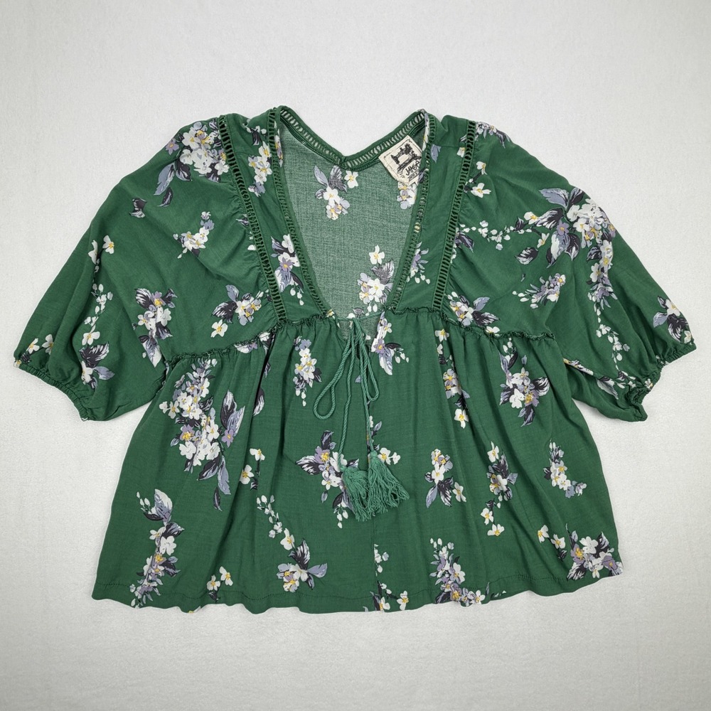 Jaase Womens Green Floral Tassel Boho Babydoll Blouse Crochet Trim Size Small